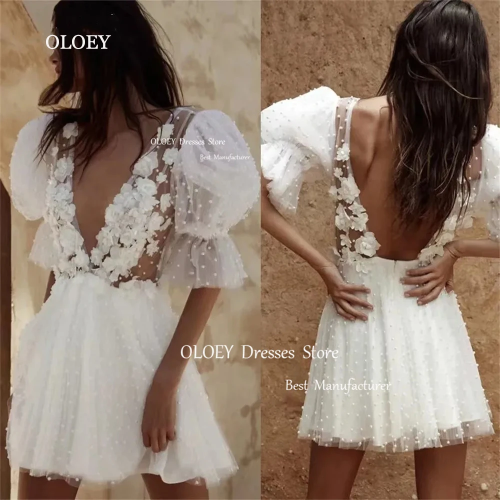 

OLOEY 2024 Sexy Ivory Appliques Pearls Wedding Dress V Neck Above Knee A Line Tulle Bridal Gown Custom Made Photoshoot Zipper