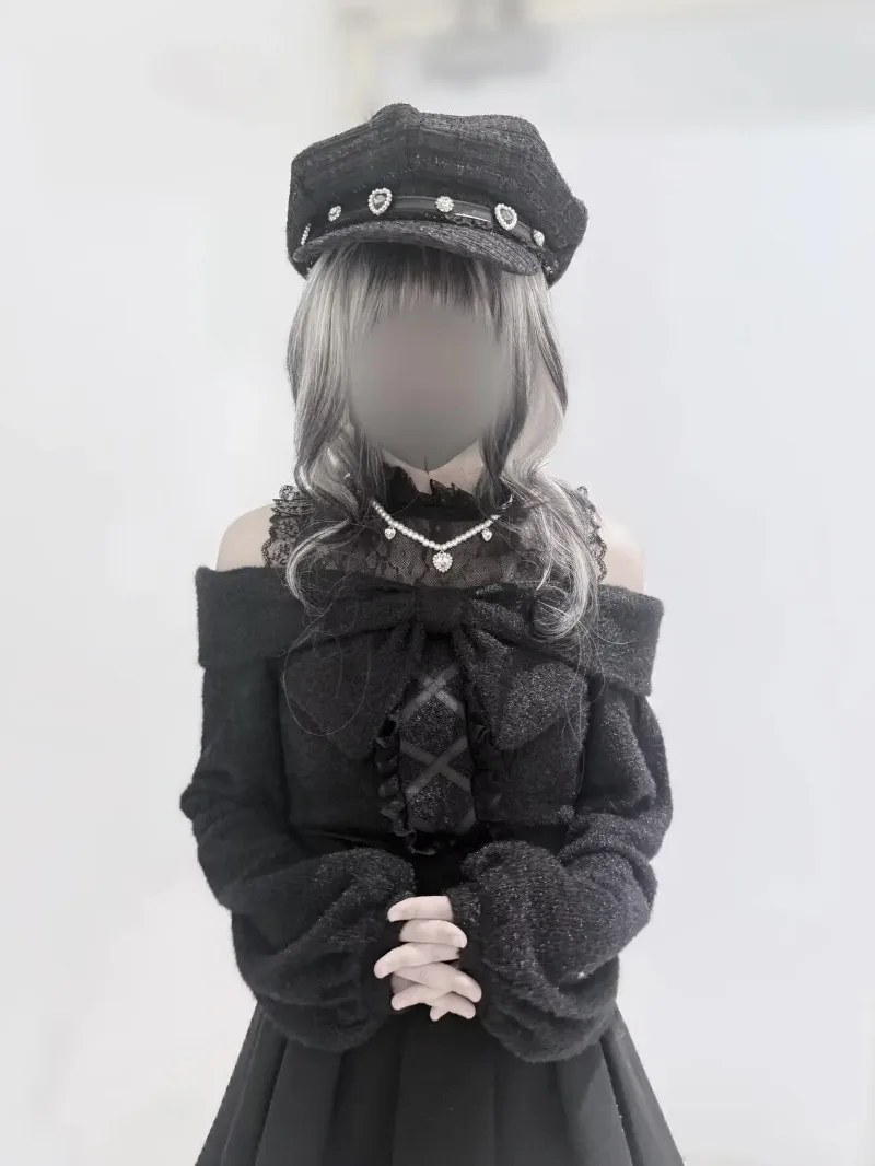 Japanese Cute Sweet Lolita Autumn/Winter New Skirt Sets Soft Girls Off The Shoulder Long Sleeve Bow Sweater+Skirts 2-piece Set image 6