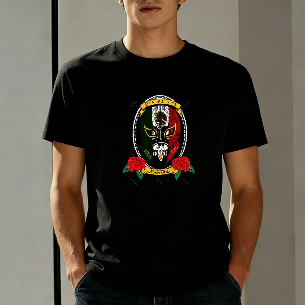 Mexican Lucha Libre Wrestling Mask Rose Design Summer Fashion Men T Shirt Cotton Short Sleeve Top for Everyday Wear Gift Idea