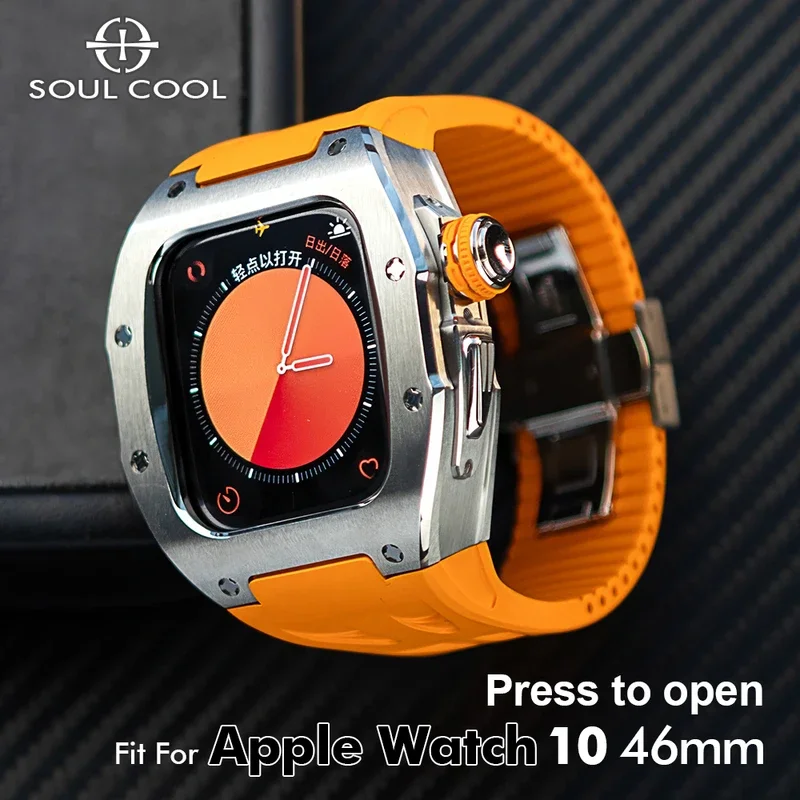 

Soul Cool Stainless Steel Case For Apple Watch Series 11/10 46mm, Luxury Changing Kit, Fluorined Rubber iWatch Mod kit Fashion