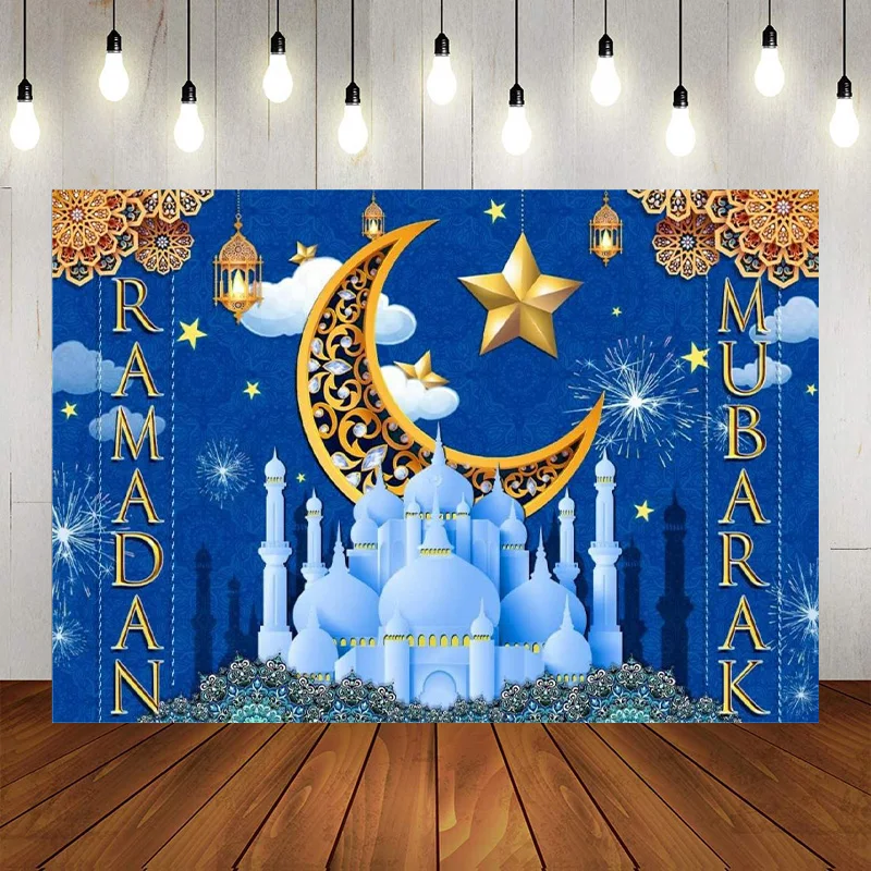 Mubarak Banner Decorations Backdrop Blue Ramadan Muslim Religious Birthday Stars Moon festival Photographic Background Banner