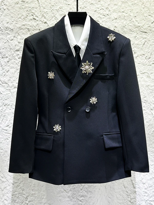 

New Design Metal 3D Flower Decoration Casual Men's Suit Bla Jaet Faionable Lightweight Waist-Cinching Spring Outerwear