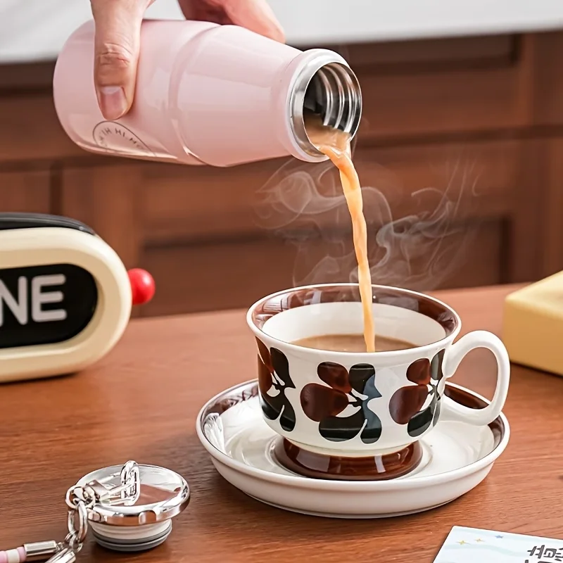 Milk Coffee Cup, 9.47oz Mini Stainless Steel Pocket Cup, Portable Travel Cup with a Strap for Direct Drinking And Insulation