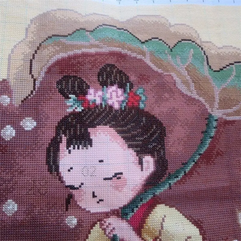 Handmade cross stitch finished product, picking lotus leaves, girl's living room, bedroom, simple modern decorative painting