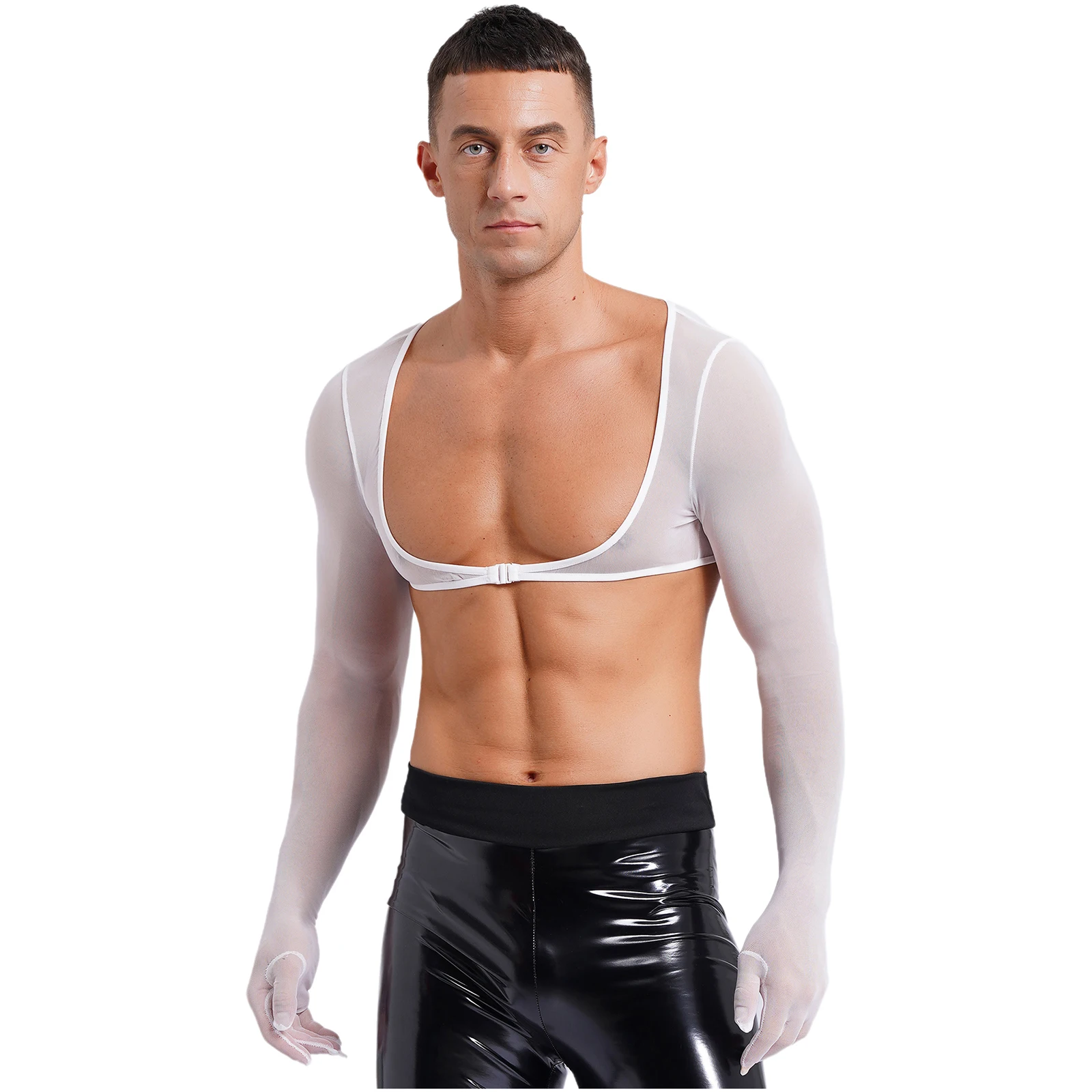 

Mens Underwear See-through Mesh Gloves Tank Tops Sun Protection Long Sleeve Open Front Buckle Solid Color Cropped Top Clubwear