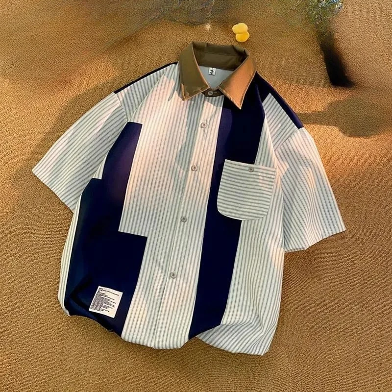 EBAIHUI Men's Striped Patchwork Short Sleeved Shirt Japanese Retro Single Breasted Coat Summer Loose Fashionable Male Clothing