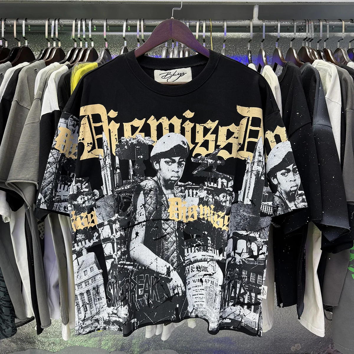 Street Style Boys Printed Hip Hop Rock INS Trendy Old School Fleece Sweatshirt Fabric Short Sleeve T-Shirt City Walk Casual Wear