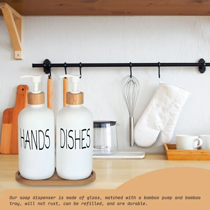 A01F-Glass Soap Dispenser Set With Bamboo Tray-Pump For Hand And Dish Soap-Dishwasher Faucet& For Kitchen Sink And Bathroom