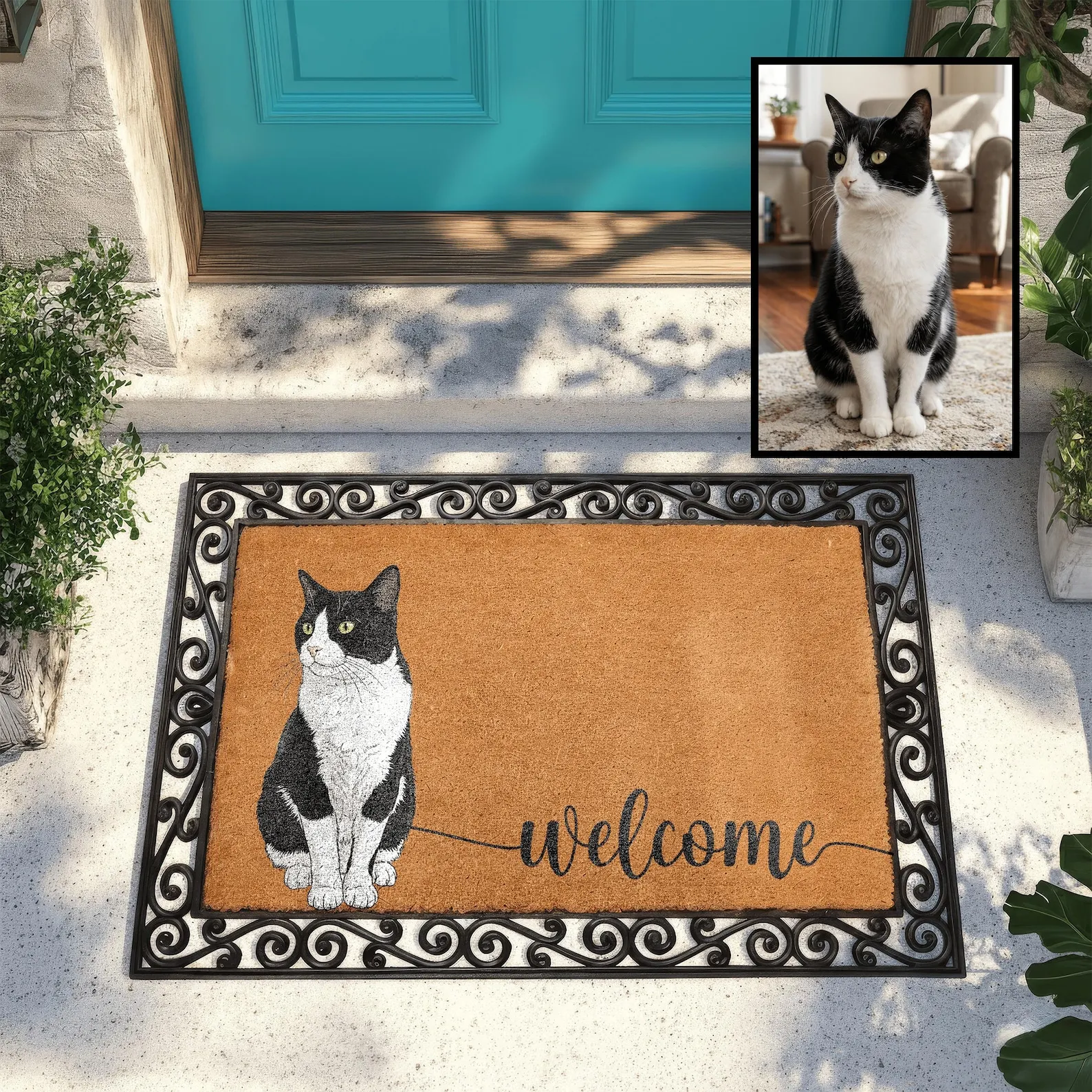 Personalized Pet Watercolor Portrait Doormat Custom Dog Photo Welcome Mat Cats Lover Housewarming Gift Pets Owner Porch Doormat