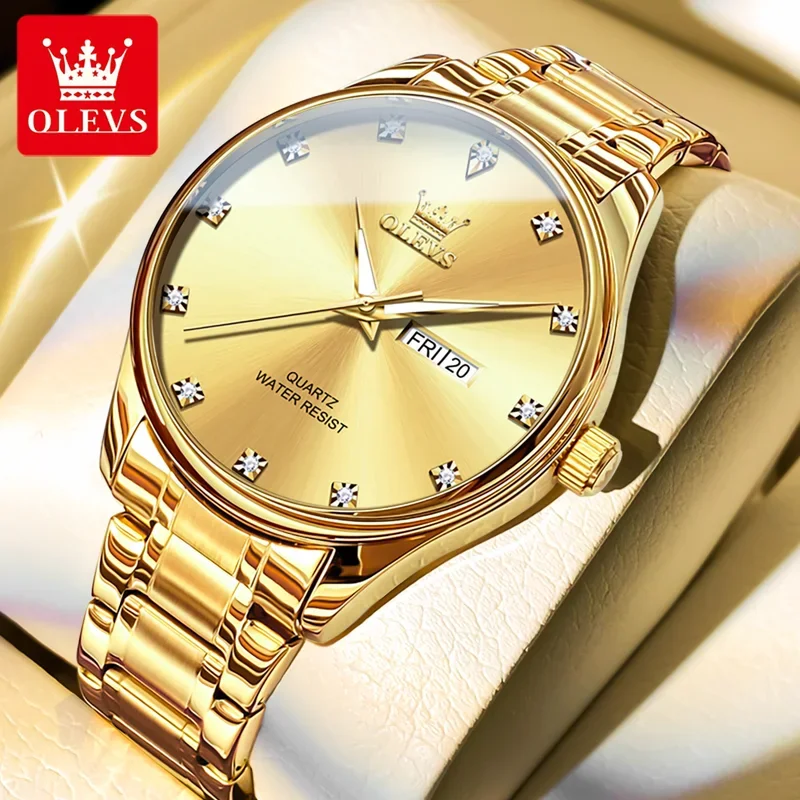 Olevs 3612 nuevo reloj para hombre, reloj de cuarzo superior de lujo, reloj de pulsera clásico dorado de acero inoxidable resistente al agua para hombre