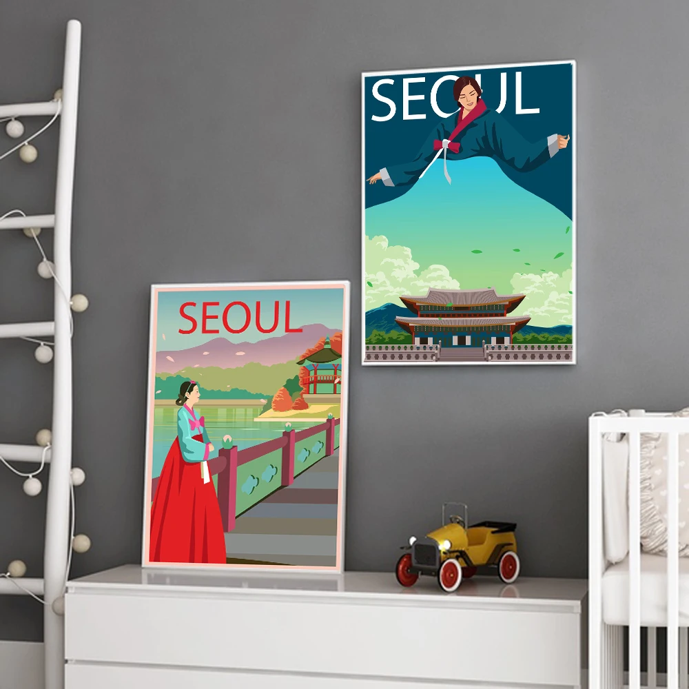 1pc frameless Canvas Painting Nordic Wall Pictures Poster and Print Cartoon LivingRoom Home Decor Seoul City South Korea Tour Tr