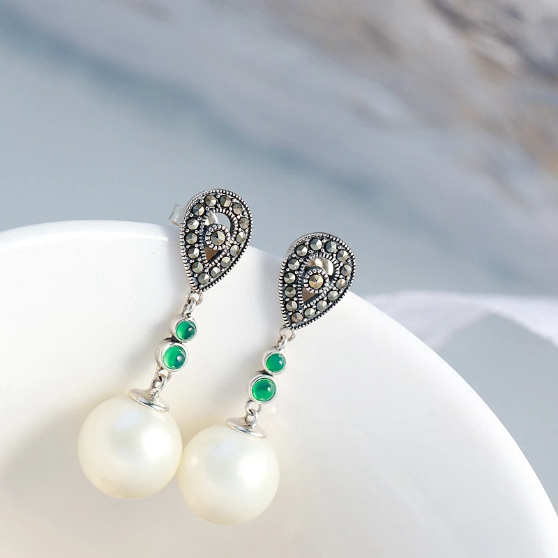 

Classic and Elegant 925 Sterling Silver Earring Lady Retro Style Thai Silver Inlaid Imitation Pearl Earring Trendy Jewelry Gift