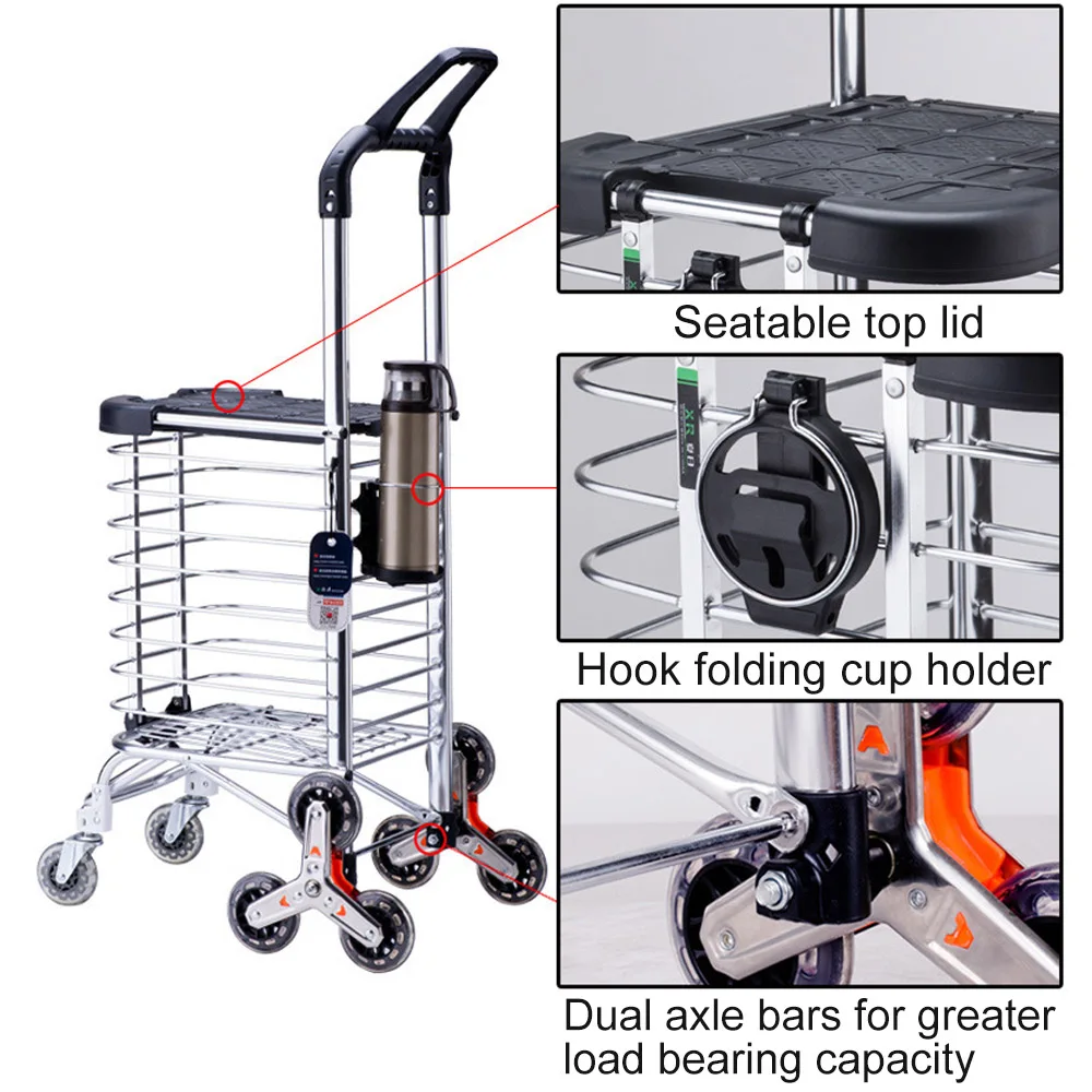 35L Aluminium Portable Supermarket Home Collapsible Folding Grocery Shopping Cart 6 8 Wheels Stair Climbing Handcart