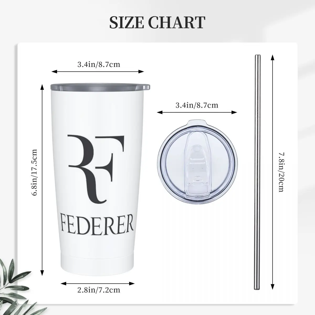 Roger Federer Stainless Steel Tumbler Vacuum Insulated Mug Thermal Cold Cup Straw With Lid 20oz