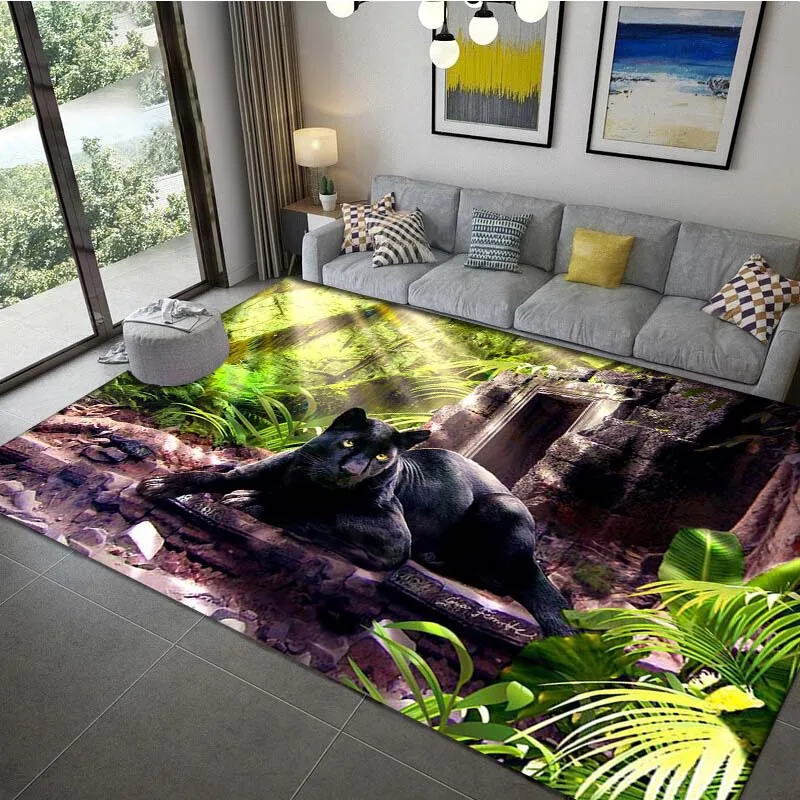 Forest animal black leopard pattern decorative carpet bedroom living  study  kitchen restaurant non -slip floor mat rug