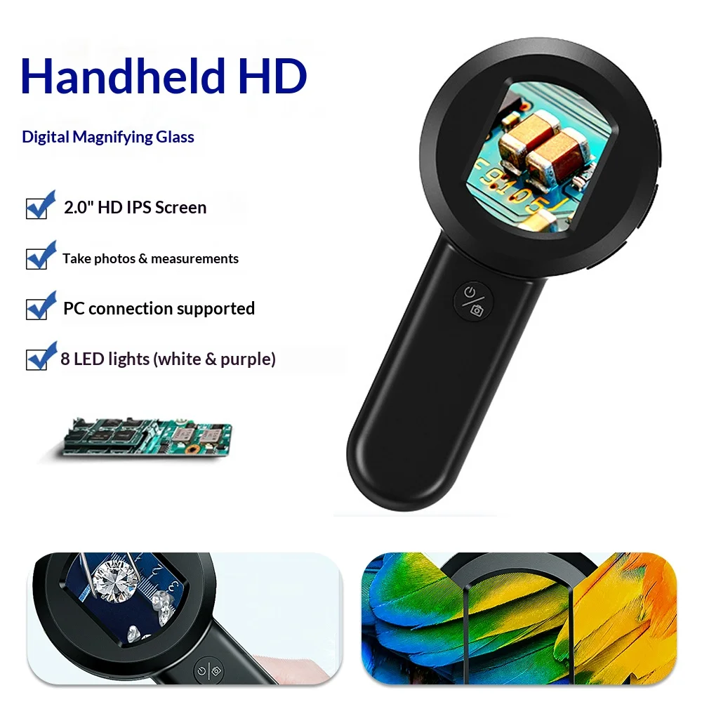 

2 Inch IPS Screen Digital Magnifier, 16MP HD Portable Jeweler Loupe with UV/White Light, Type-C Charging for Coin PCB Watch Repa