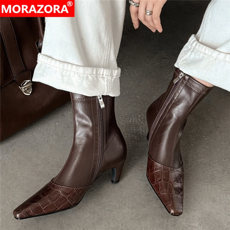 

MORAZORA/Новые ботинки из натуральной кожи, женские ботильоны на высоком каблуке с молнией, модные осенне-зимние женские ботинки