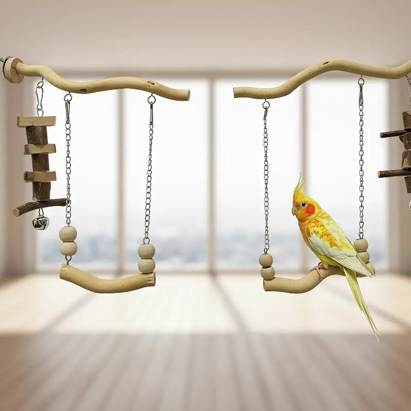 Bird Parrot Suspension Bridge Toy Bite Proof Natural Wood Swing Stand Perch for Budgerigar Cockatiel Play Rest Supply