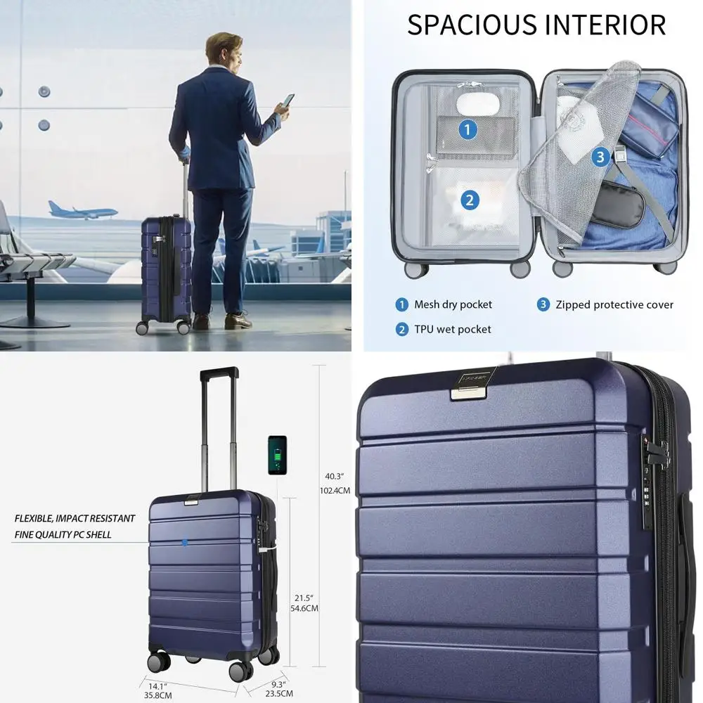 

Расширяемая крышка-спиннер с жесткой стороной и замком TSA, темно-синий 20 дюймов, USB-порт, ручная кладь