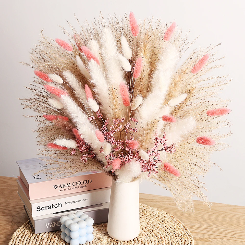 

Eternal Pink Pampas Dried Flowers Bouquets Wedding Floral Arrangements Decor Natural Bunny Tail Gem Grass Home Vase Decoration