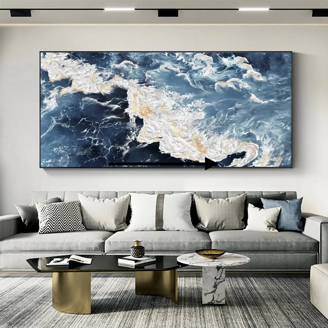 1pc Large Horizontal Blue Ocean Wave Artwork Gold Foil Abstract Canvas Print White Surf Textured Wall Poster Unframed for Living