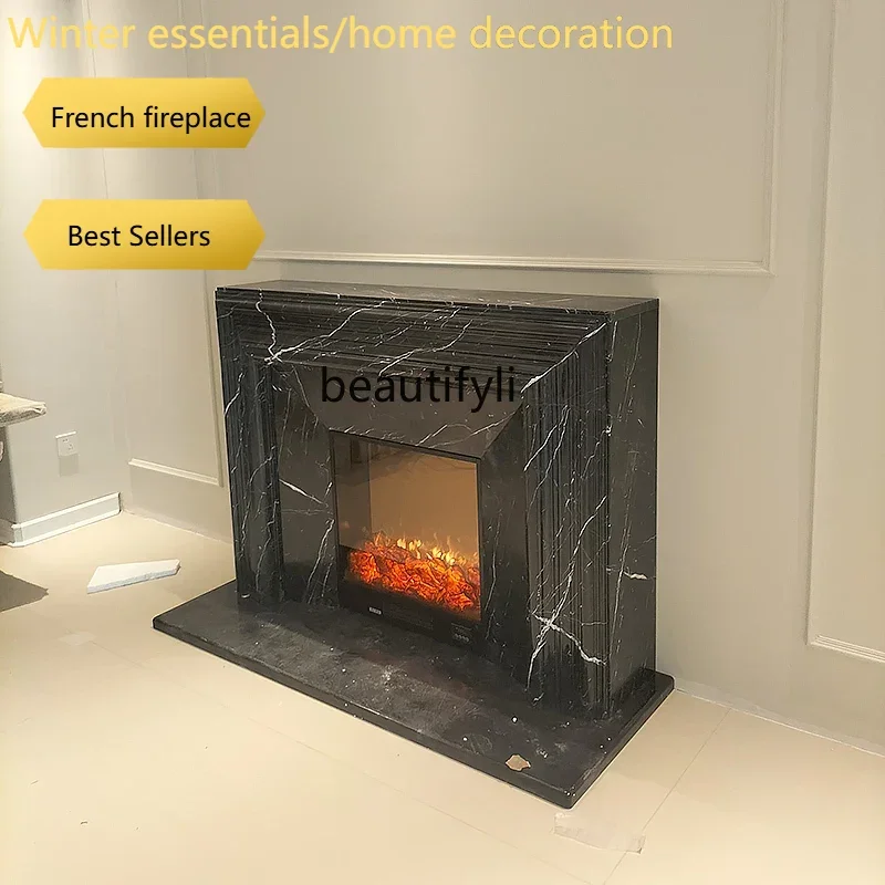 Marble fireplace American living room background decoration natural black and white root stone fireplace