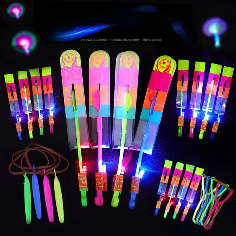 100pcs Amazing Light Toy Arrow Rocket Helicopter Flying Toy LED Light Toys Party Fun Gift Rubber Band Catapult