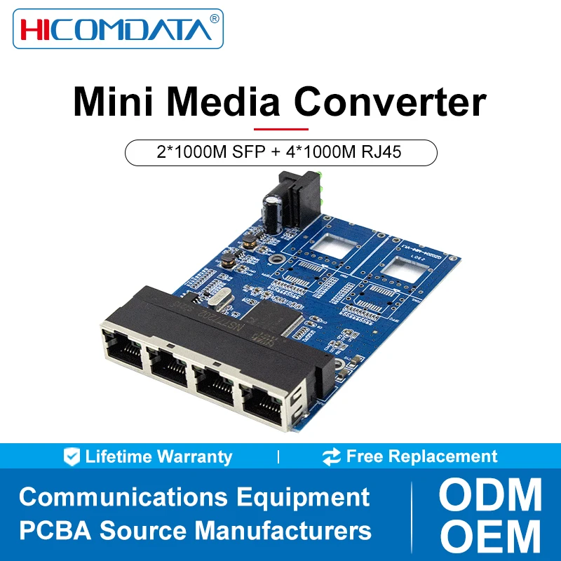 Mini, 2*1000M fiber optical port and 4*100/1000M RJ45 ports Gigabit Mini Media Converter PCB Single Mode