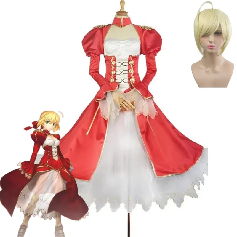 Juego de Anime Fate Extra Nero Claudius César Augustus Germanicus disfraz de Cosplay vestido de noche rojo falda de hilo peluca mujer conjuntos sexys;