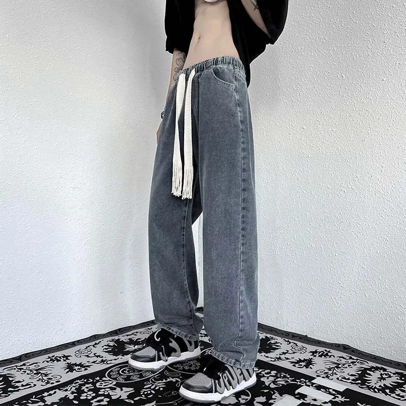 

Мужские джинсы прямого кроя на весну-осень, повседневные, свободные, с эластичным поясом, винтажные, длинные брюки, модные брендовые джинсы с высокой талией