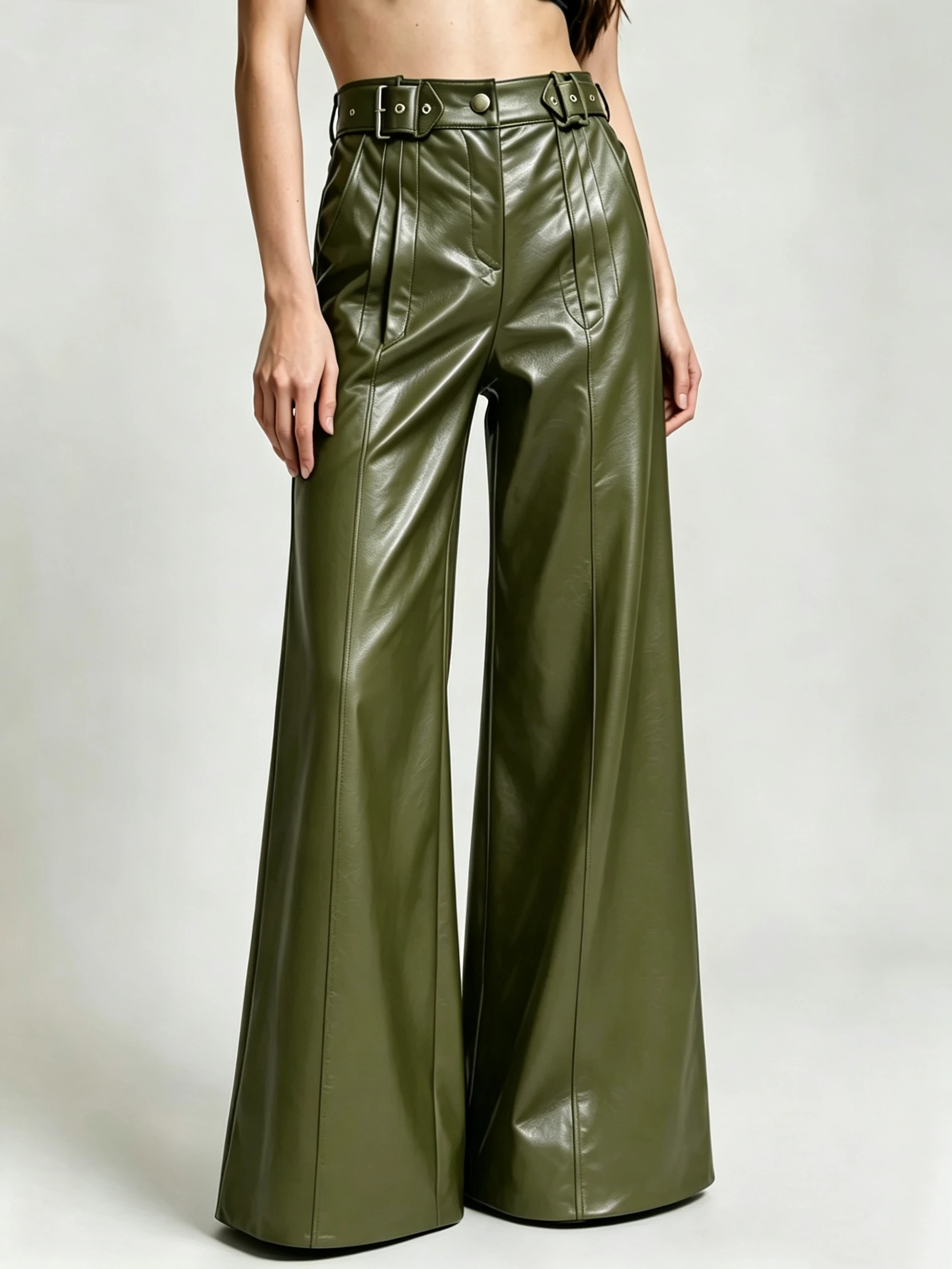 Women Faux Leather Wide Leg Pants High Waist Double Buckle Belt Design Pleated Trousers Streetwear Loose PU Leather Long Pants