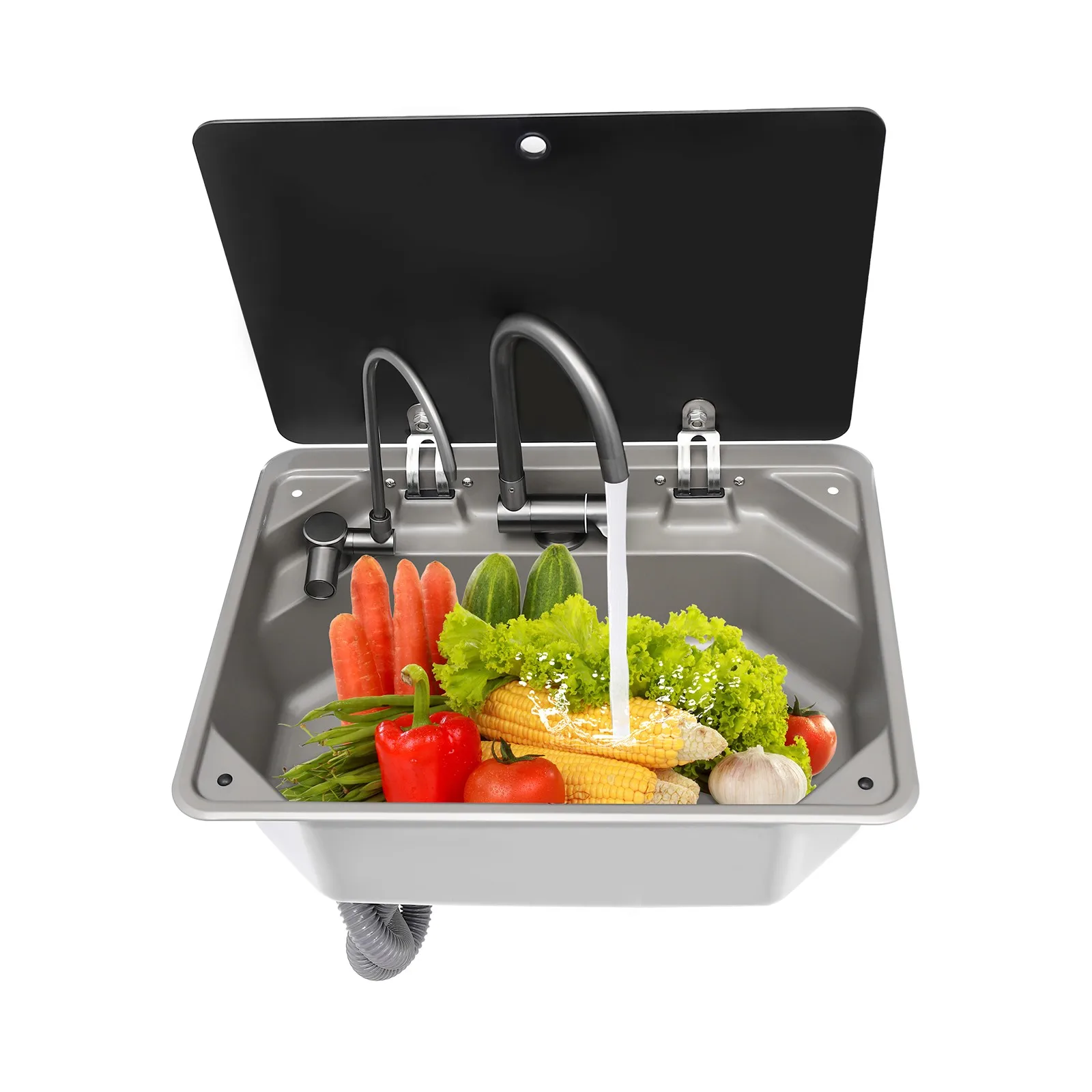 

RV Sink with Folded Faucet & Tempered Glass Lid 304 Stainless Steel Hand Wash Basin Sink Space-saving Sound-deadening, Gun-Grey