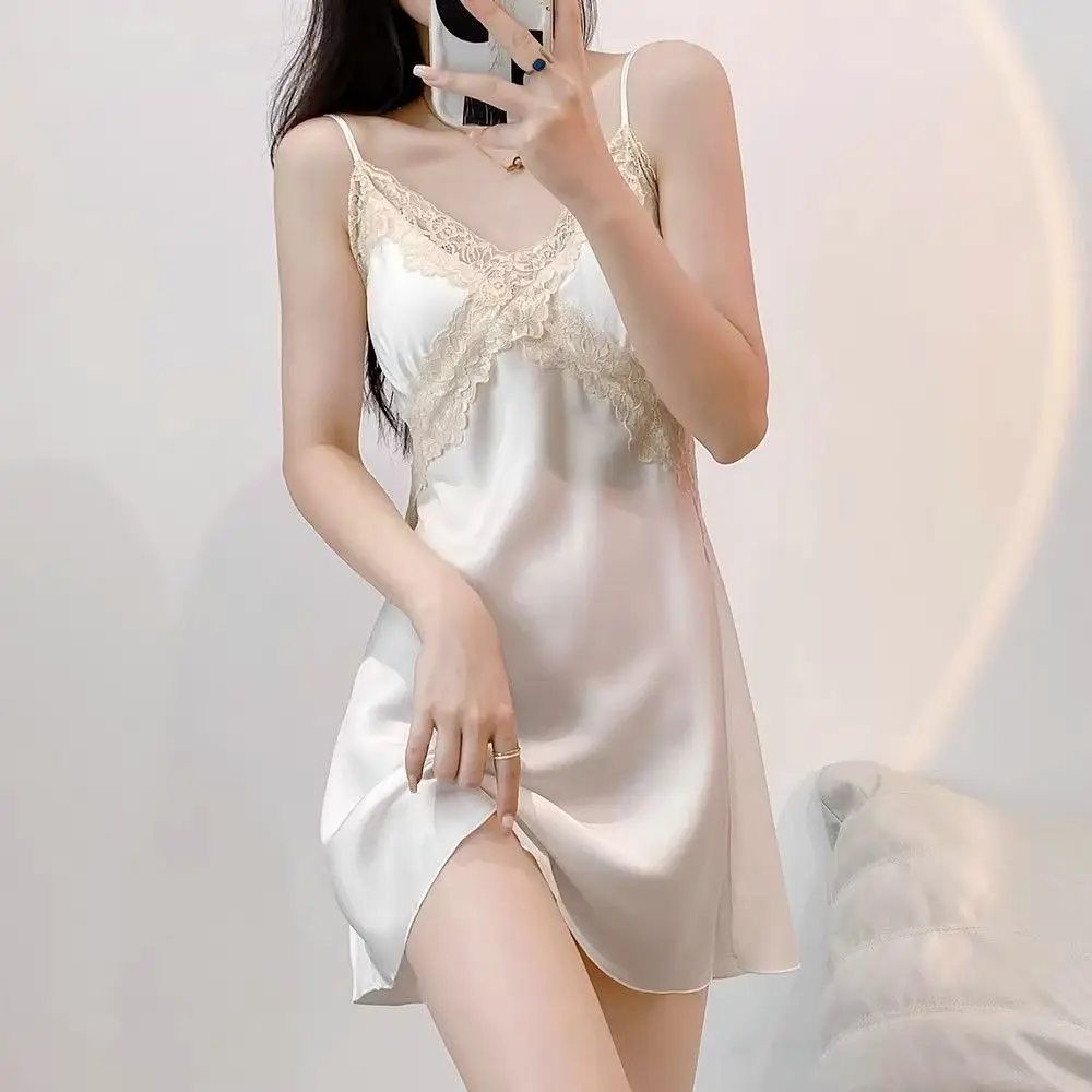 Summer ladies new online celebrity sexy suspenders women's pajamas ice silk lace suspenders can be worn outside