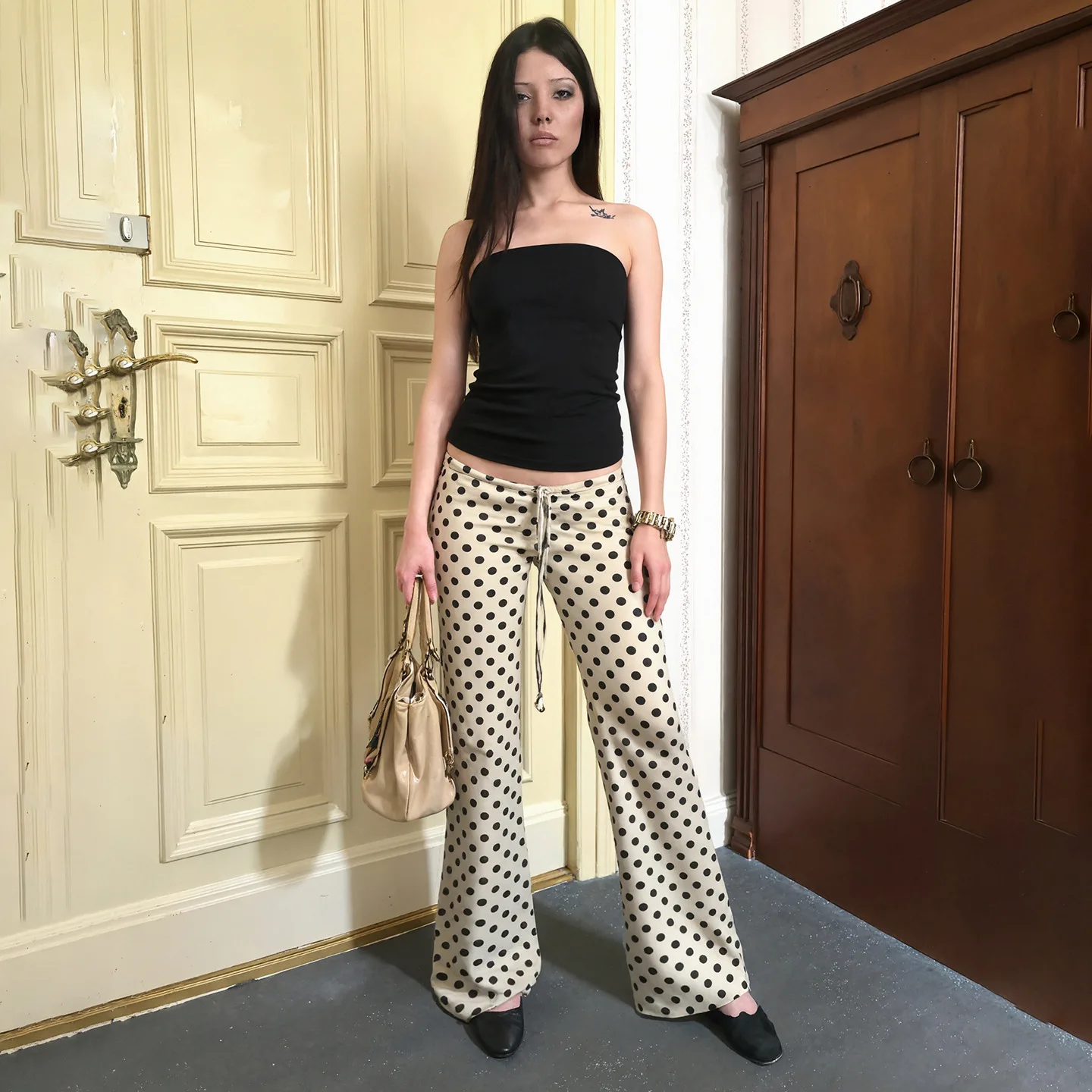 กางเกงทรงบานลายจุดเอวต่ำผูกเชือกยืดหยุ่นสไตล์วินเทจ BKLD รุ่นใหม่ประจำฤดูใบไม้ร่วงปี 2025 ทรงเข้ารูปช่วยพรางหุ่น สวมใส่สบาย