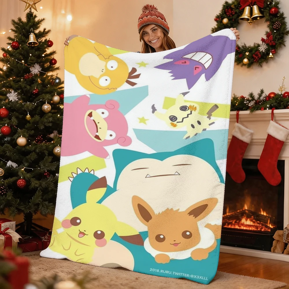 Pokemon Pikachu Eevee Snorlax Gengar Psyduck Slowpoke Mimikyu Flannel Throw Blanket Soft Warm Blanket for Sofa Bed Home Decor Gi