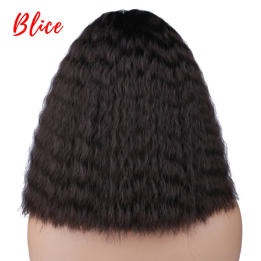 Blice 16Inch Middle Synthetic Wigs Kinky Curly Neat Bang Heat Resistant Water Wavy African American Skin Topper