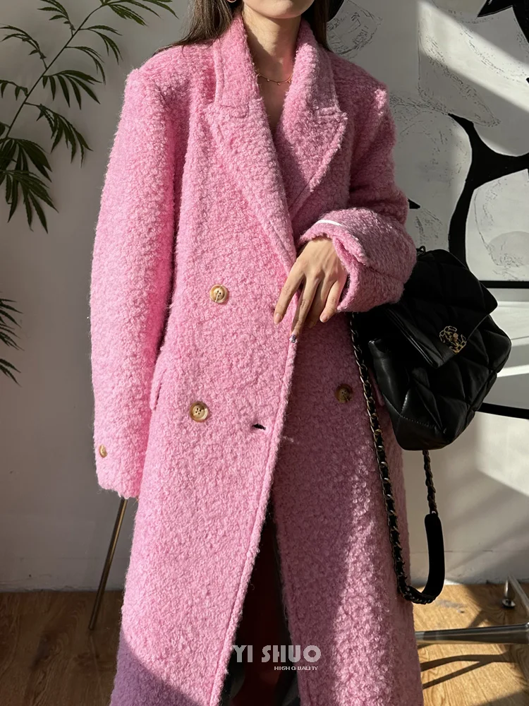 

RosEvans High-end Pink Mohair Thickened and Lengthened Wool Cashmere Looped Wool Coat women Suit Collar Woolen Jacket Women 2023