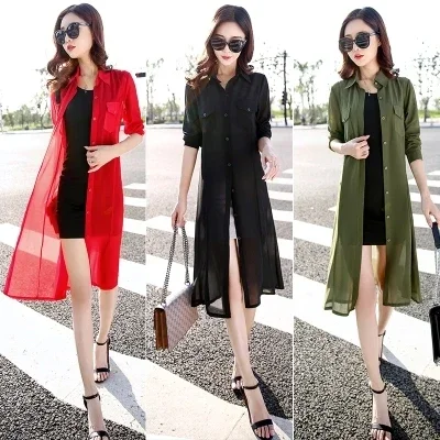 Black White Red Green Long Cardigan Female Long Sleeve Summer Cardigan Casual Shirt Women Z687