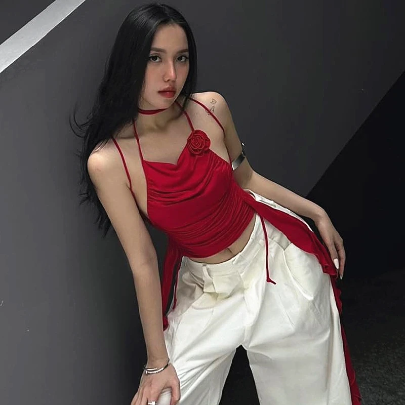 Xeemilo Vintage Red Off Shoulder Tank Top Y2K Chic 3d Flower Ruffles Backless Crop Tops Summer 2023 Sexy Pleated Halter Camisole