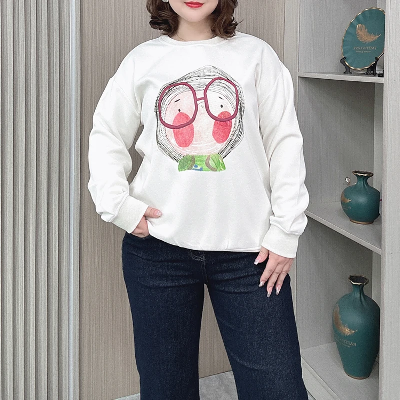 Crew-neck Printed Pullover Hoodie Women Autumn New Plus Size Loose Casual Sweatshirts 8898