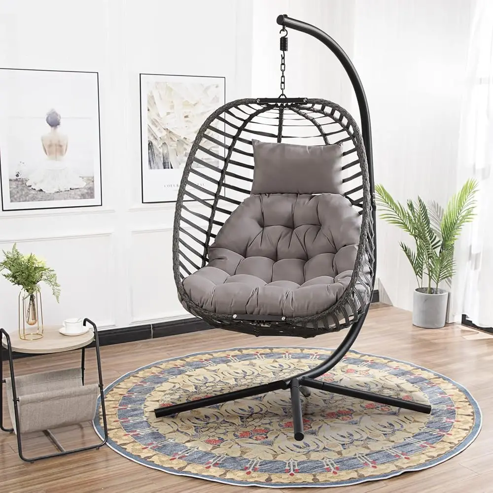 Hanging Hammo Egg Chair With Stand, Rattan Weather Resistant Vertical Fold Design Patio Hanging Basket Swing Chair 350Lbs Aticy