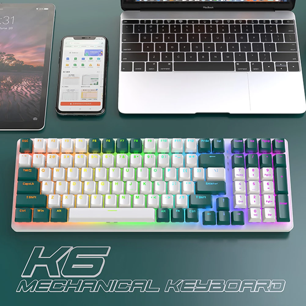 K6 السلكية الميكانيكية الألعاب لوحة المفاتيح 100 مفتاح الأحمر/الأخضر التبديل USB السلكية الألعاب لوحات المفاتيح RGB الخلفية Type-C شخصية Keycap