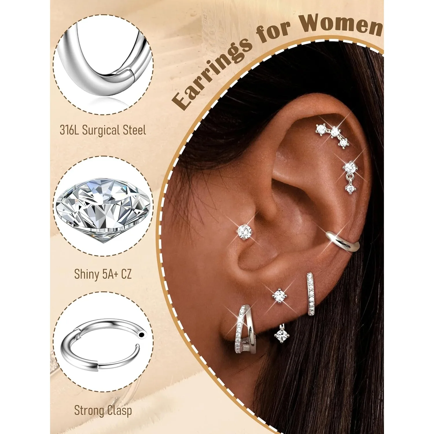 7 Pairs 14K Gold Plated Earrings for Women,Hypoallergenic Earring Stack Small Stud Hoop Earrings for Women Huggie Earring Sets for Multiple Piercing,Dainty Cartilage Earrings