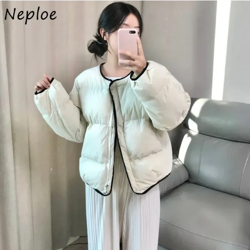 Neploe Koreanische Chic Vielseitige Kontrast Farbe Kanten Kragenlose Brot Baumwolle Mäntel Femme 2025, Winter Lose Dicke Oansatz Parkas