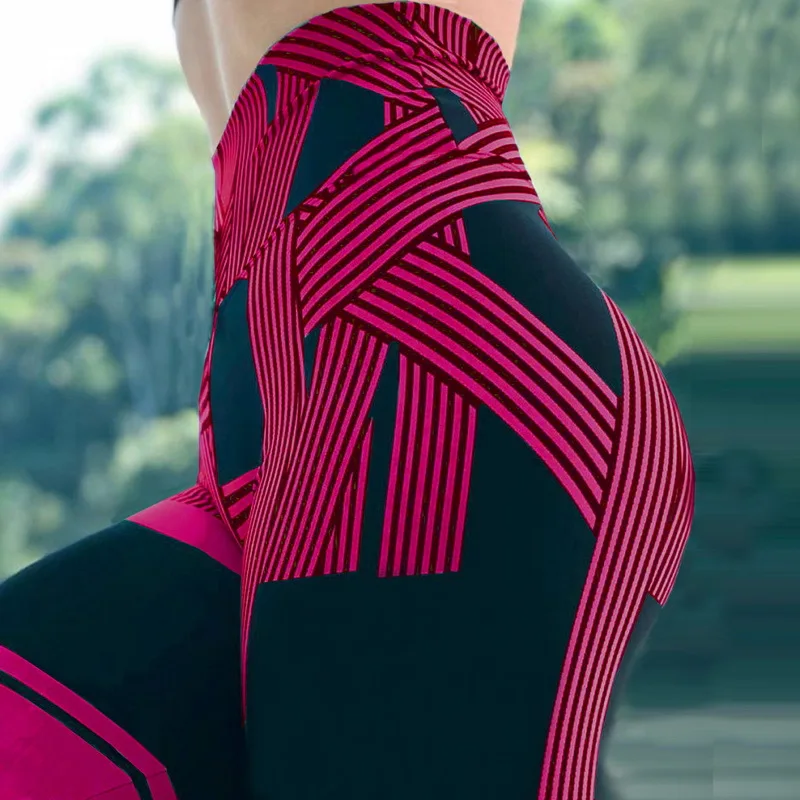 Summer new style striped digital print high-waist hip-lifting waist fitness yoga workout leggings for women.