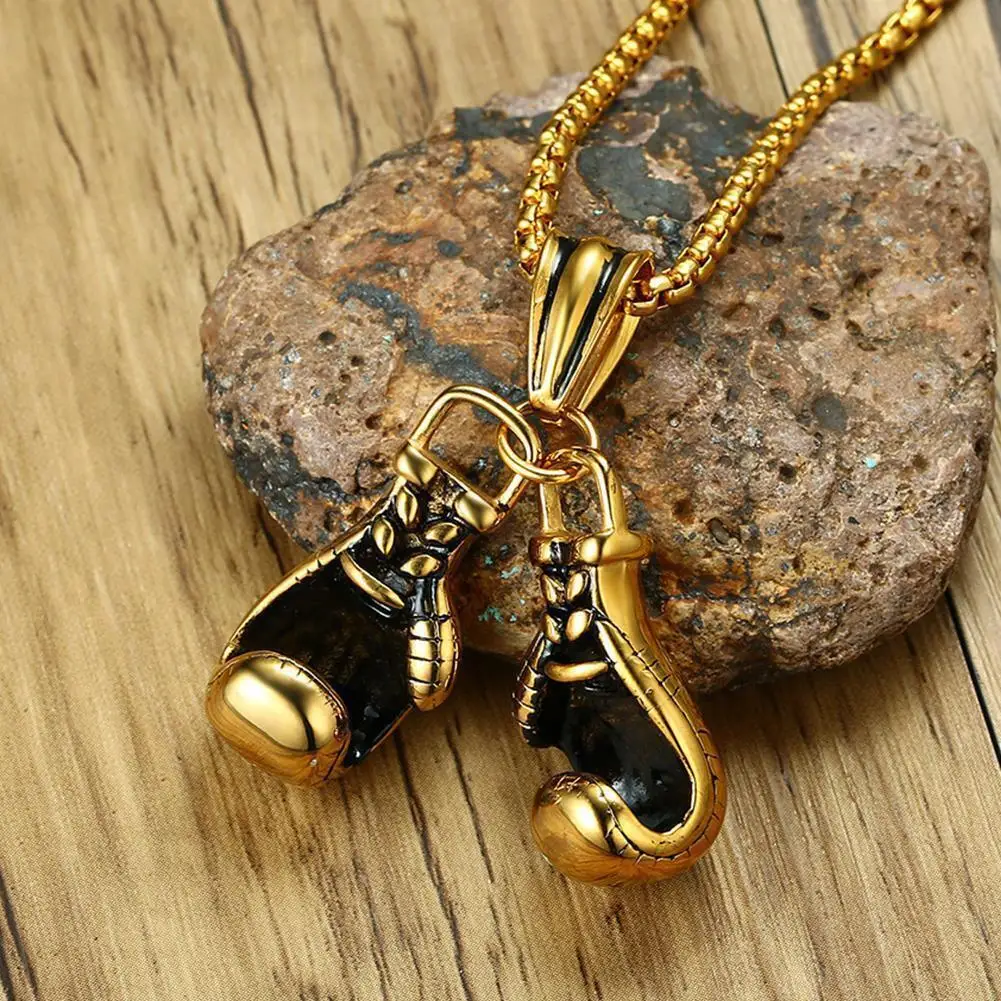 Titanium Steel Alloy Mini Boxing Glove Necklace Gold Color Pair Pendant Chain For Men Boys Charm Fashion Sports Fitness Jewelry