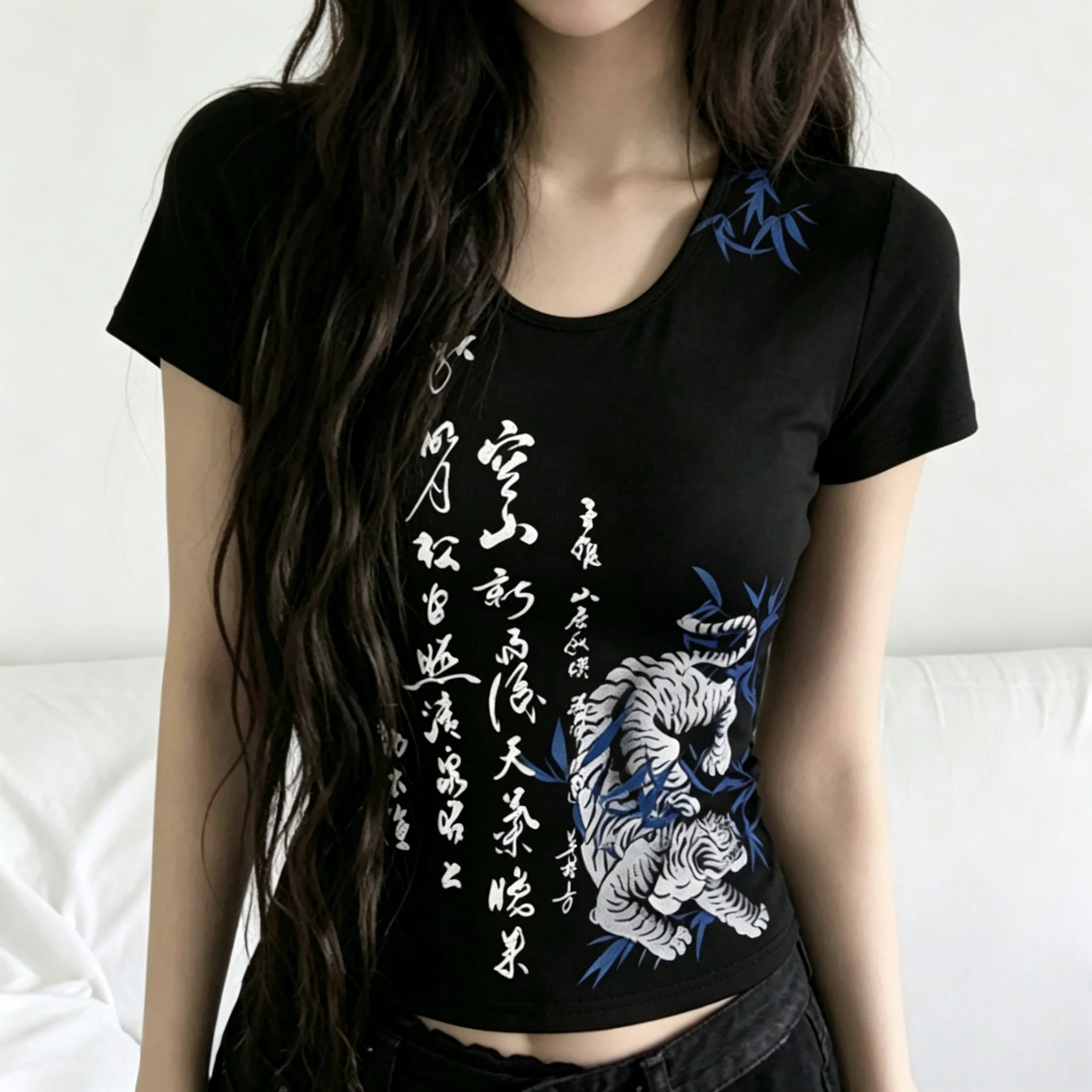 Women Soft Stretch Knit Tank Top Chinese Qipao Collar Keyhole Sleeveless Vest Tiger Calligraphy Print Slim Fitted Oriental Vinta
