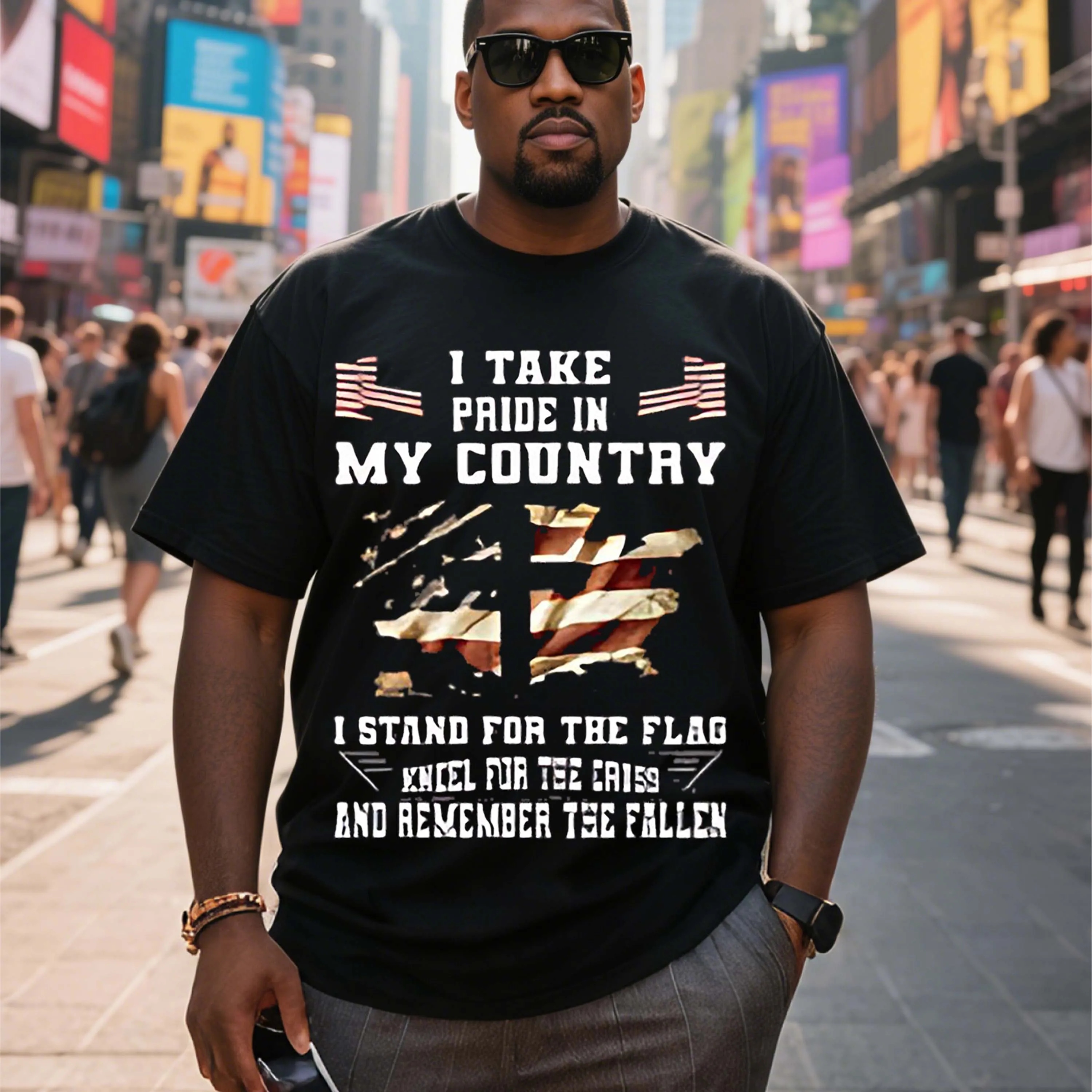 Camiseta masculina preta plus size de manga curta com tema patriótico e padrão de bandeira adequada para lazer ao ar livre no verão