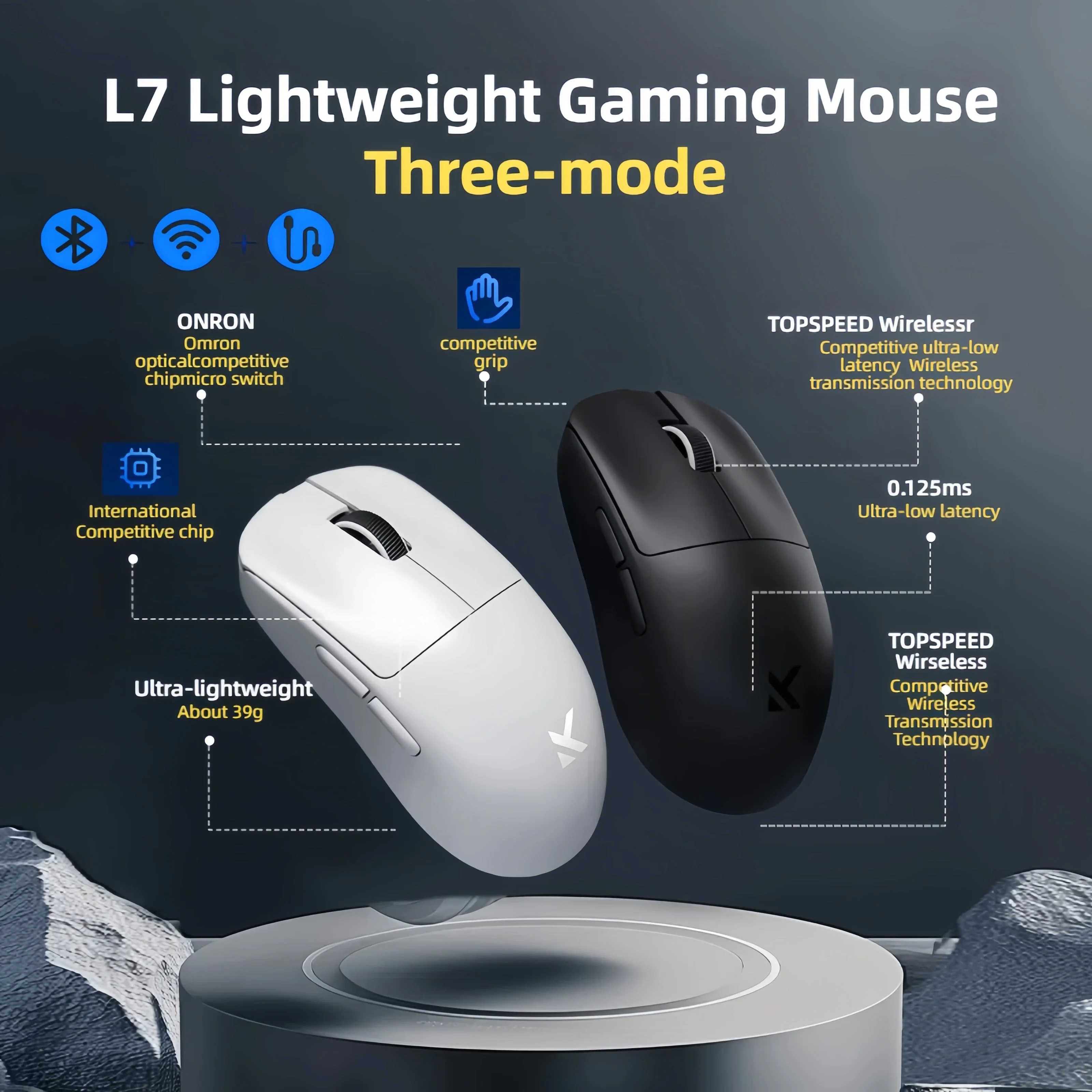

Беспроводная игровая мышь Mchose L7 Bluetooth 2,4 г, 3 режима, 8 тыс. частоты заката, Paw3395, 39 г, легкая, 0,125 мс, с низкой задержкой для киберспорта