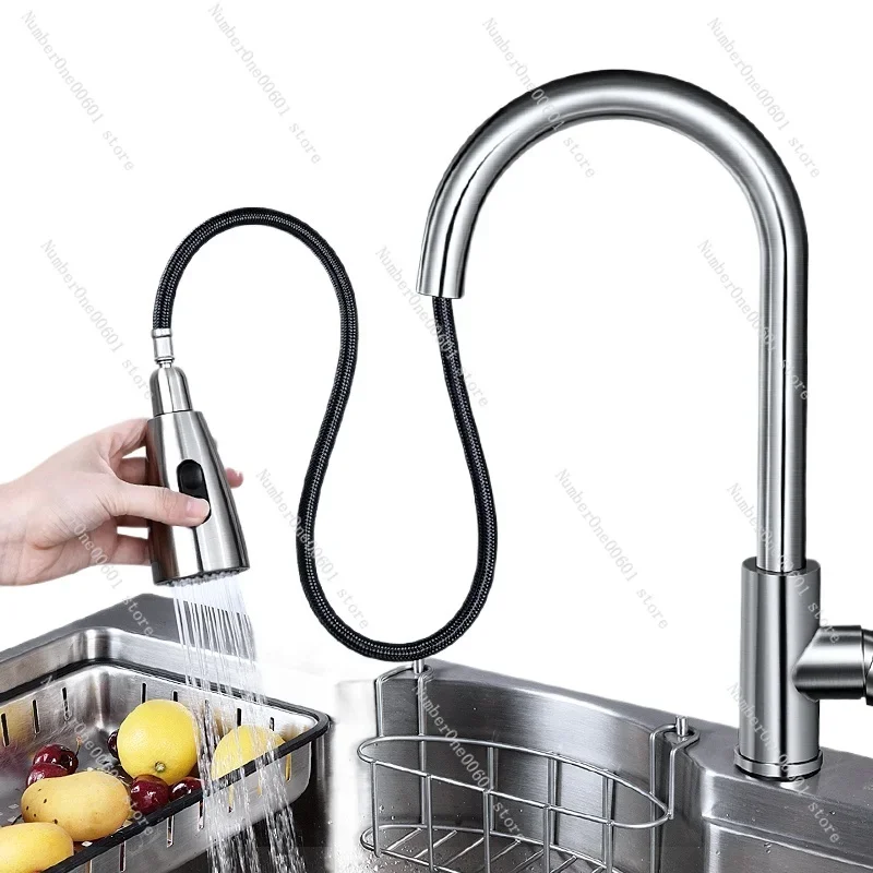 Kitchen Pull-out Retractable Faucet Hot and Cold 304 Stainless Steel Vegetable Basin